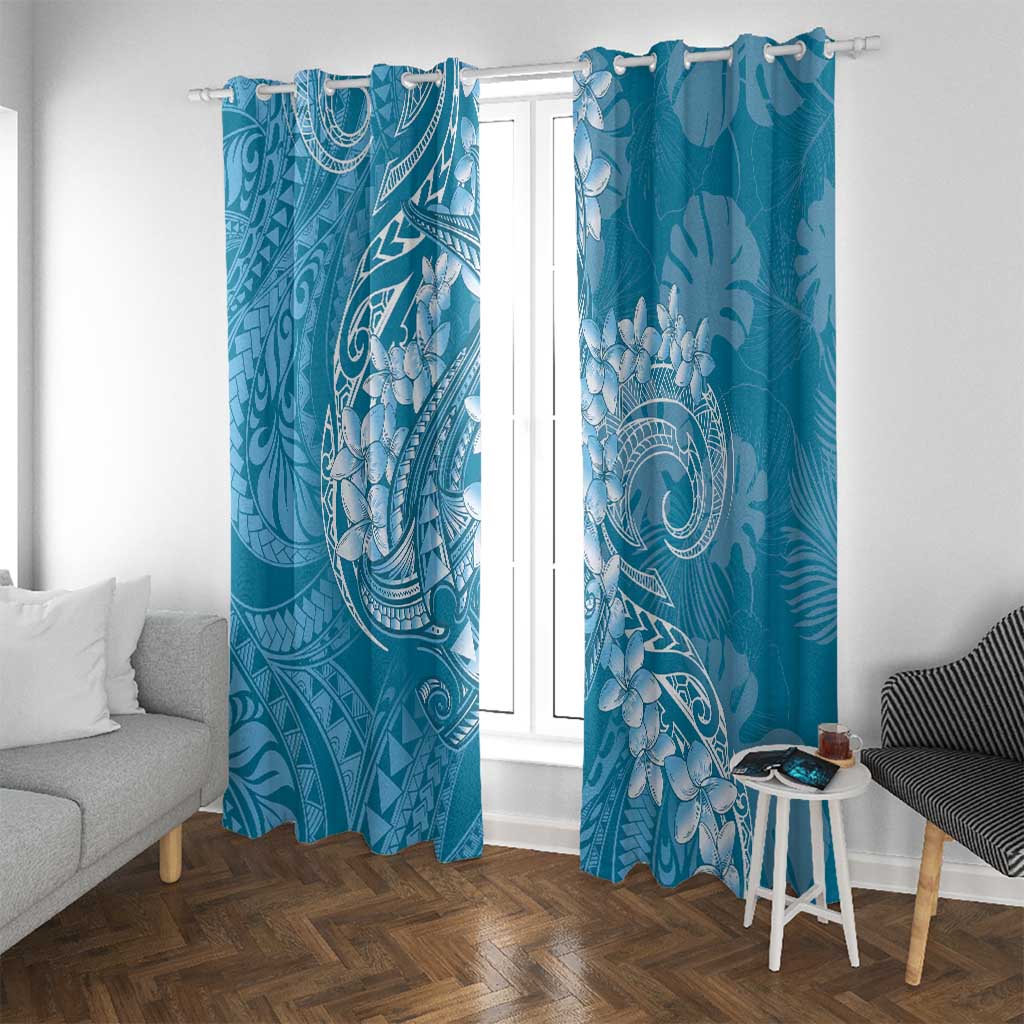 Blue Polynesia Hammerhead Shark Tattoo With Plumeria Lei Window Curtain