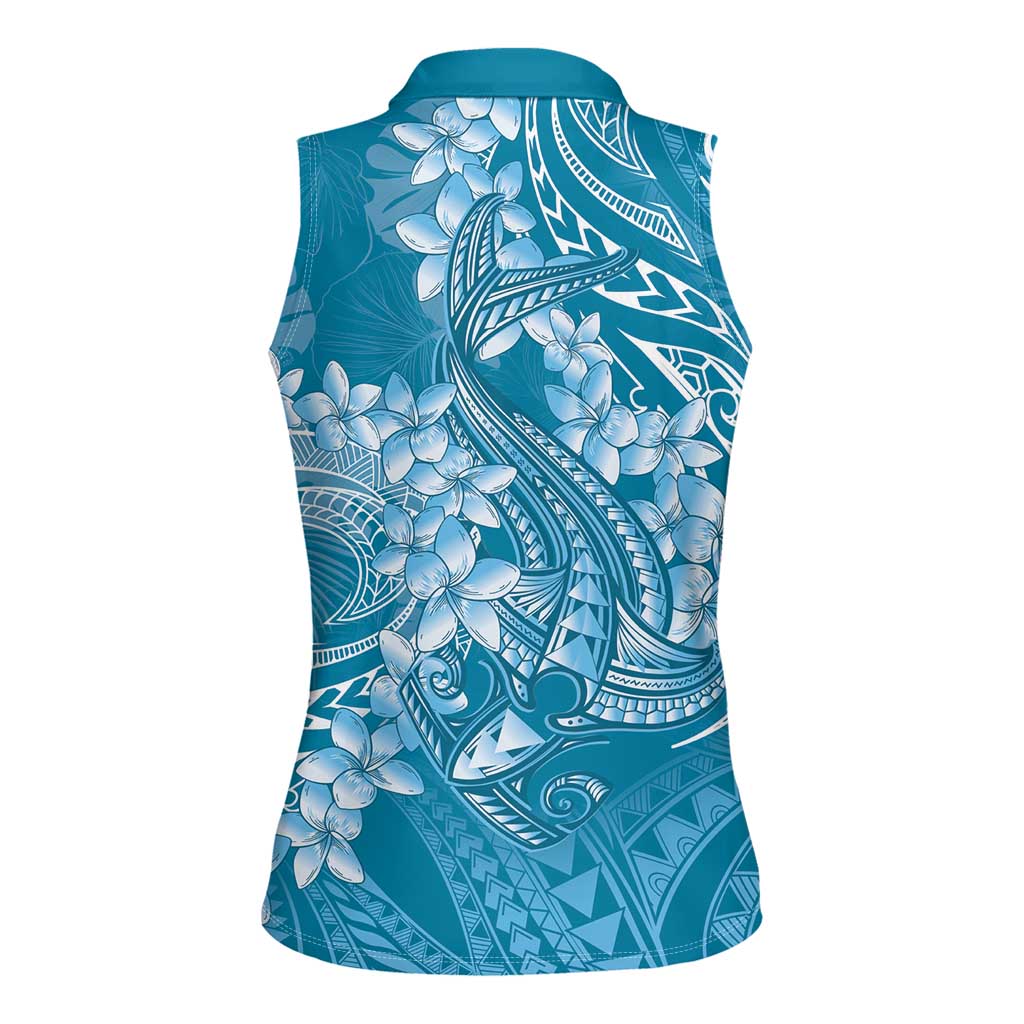 Blue Polynesia Hammerhead Shark Tattoo With Plumeria Lei Women Sleeveless Polo Shirt