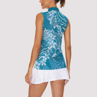 Blue Polynesia Hammerhead Shark Tattoo With Plumeria Lei Women Sleeveless Polo Shirt
