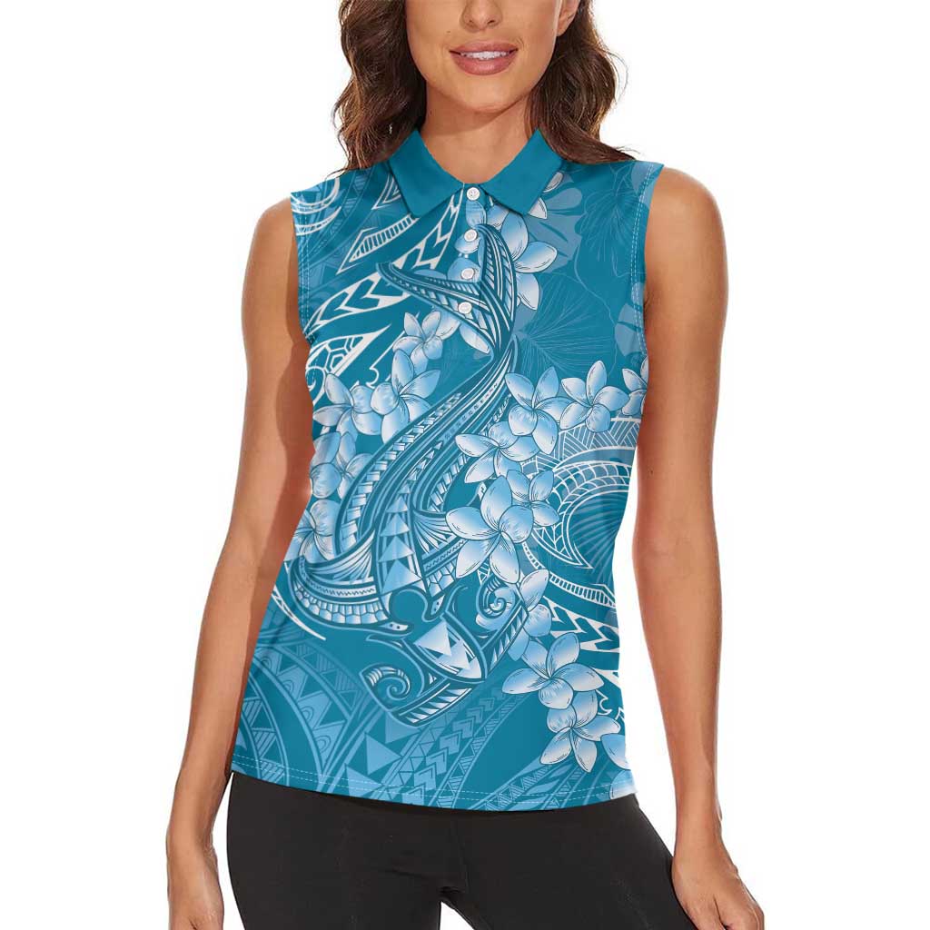 Blue Polynesia Hammerhead Shark Tattoo With Plumeria Lei Women Sleeveless Polo Shirt