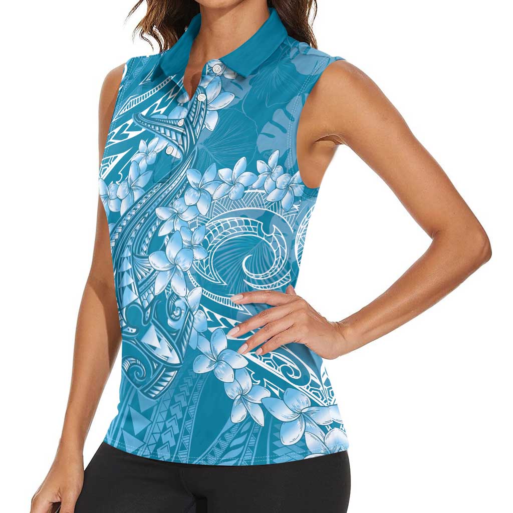 Blue Polynesia Hammerhead Shark Tattoo With Plumeria Lei Women Sleeveless Polo Shirt