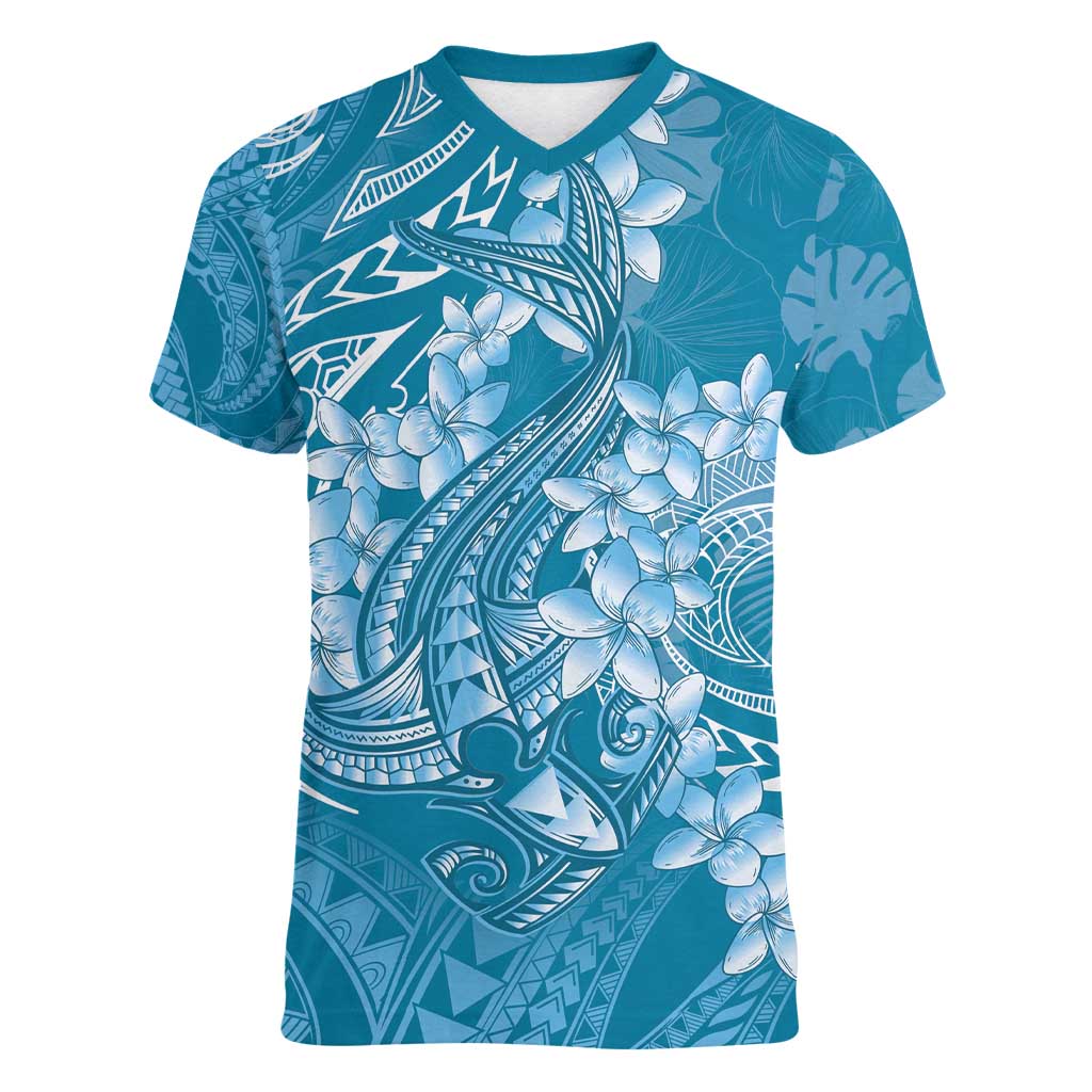 Blue Polynesia Hammerhead Shark Tattoo With Plumeria Lei Women V-Neck T-Shirt