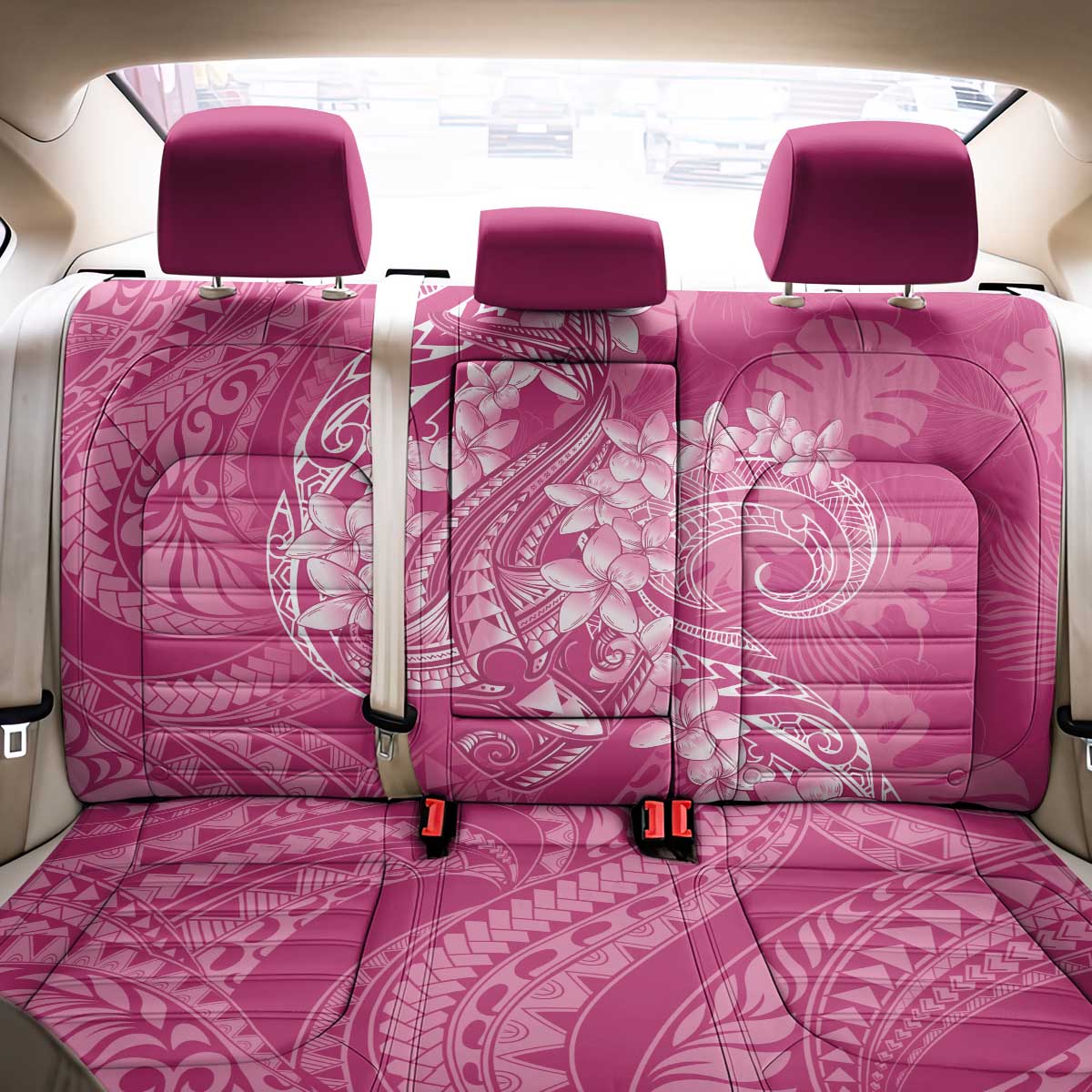 Pink Polynesia Hammerhead Shark Tattoo With Plumeria Lei Back Car Seat Cover LT14 - Polynesian Pride
