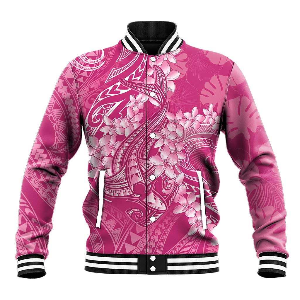 Pink Polynesia Hammerhead Shark Tattoo With Plumeria Lei Baseball Jacket