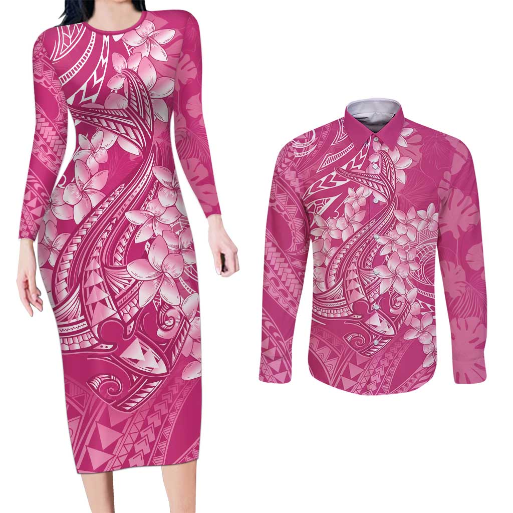 Pink Polynesia Hammerhead Shark Tattoo With Plumeria Lei Couples Matching Long Sleeve Bodycon Dress and Long Sleeve Button Shirt