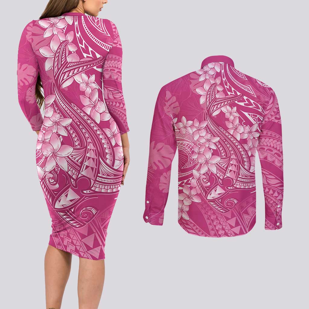 Pink Polynesia Hammerhead Shark Tattoo With Plumeria Lei Couples Matching Long Sleeve Bodycon Dress and Long Sleeve Button Shirt