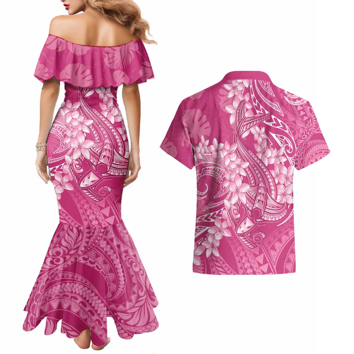 Pink Polynesia Hammerhead Shark Tattoo With Plumeria Lei Couples Matching Mermaid Dress and Hawaiian Shirt