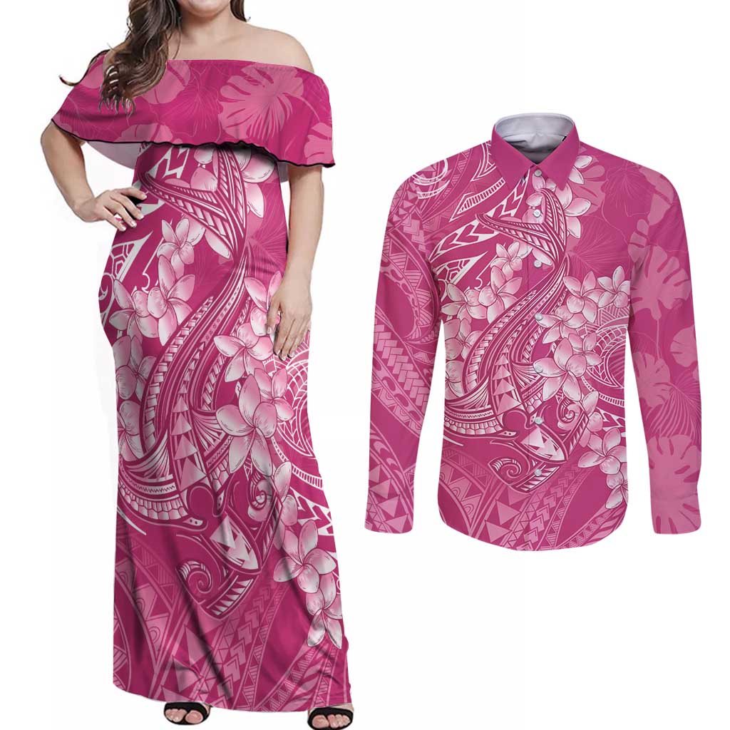 Pink Polynesia Hammerhead Shark Tattoo With Plumeria Lei Couples Matching Off Shoulder Maxi Dress and Long Sleeve Button Shirt