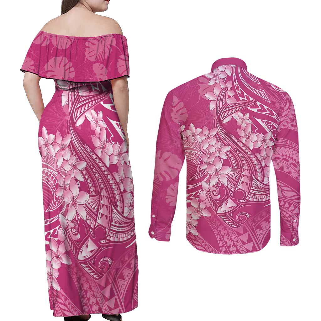 Pink Polynesia Hammerhead Shark Tattoo With Plumeria Lei Couples Matching Off Shoulder Maxi Dress and Long Sleeve Button Shirt