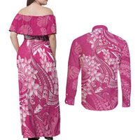 Pink Polynesia Hammerhead Shark Tattoo With Plumeria Lei Couples Matching Off Shoulder Maxi Dress and Long Sleeve Button Shirt