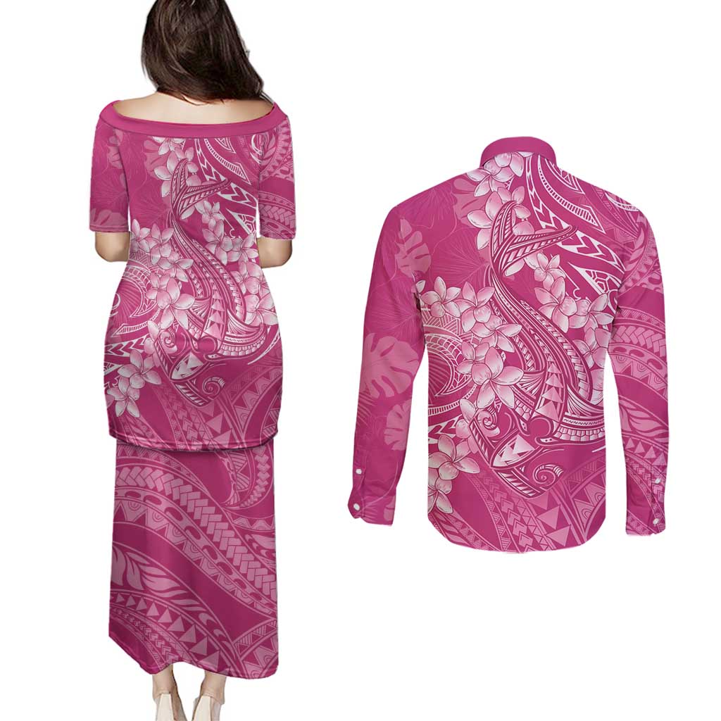 Pink Polynesia Hammerhead Shark Tattoo With Plumeria Lei Couples Matching Puletasi and Long Sleeve Button Shirt