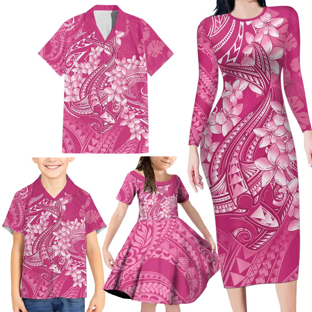 Pink Polynesia Hammerhead Shark Tattoo With Plumeria Lei Family Matching Long Sleeve Bodycon Dress and Hawaiian Shirt LT14 - Polynesian Pride