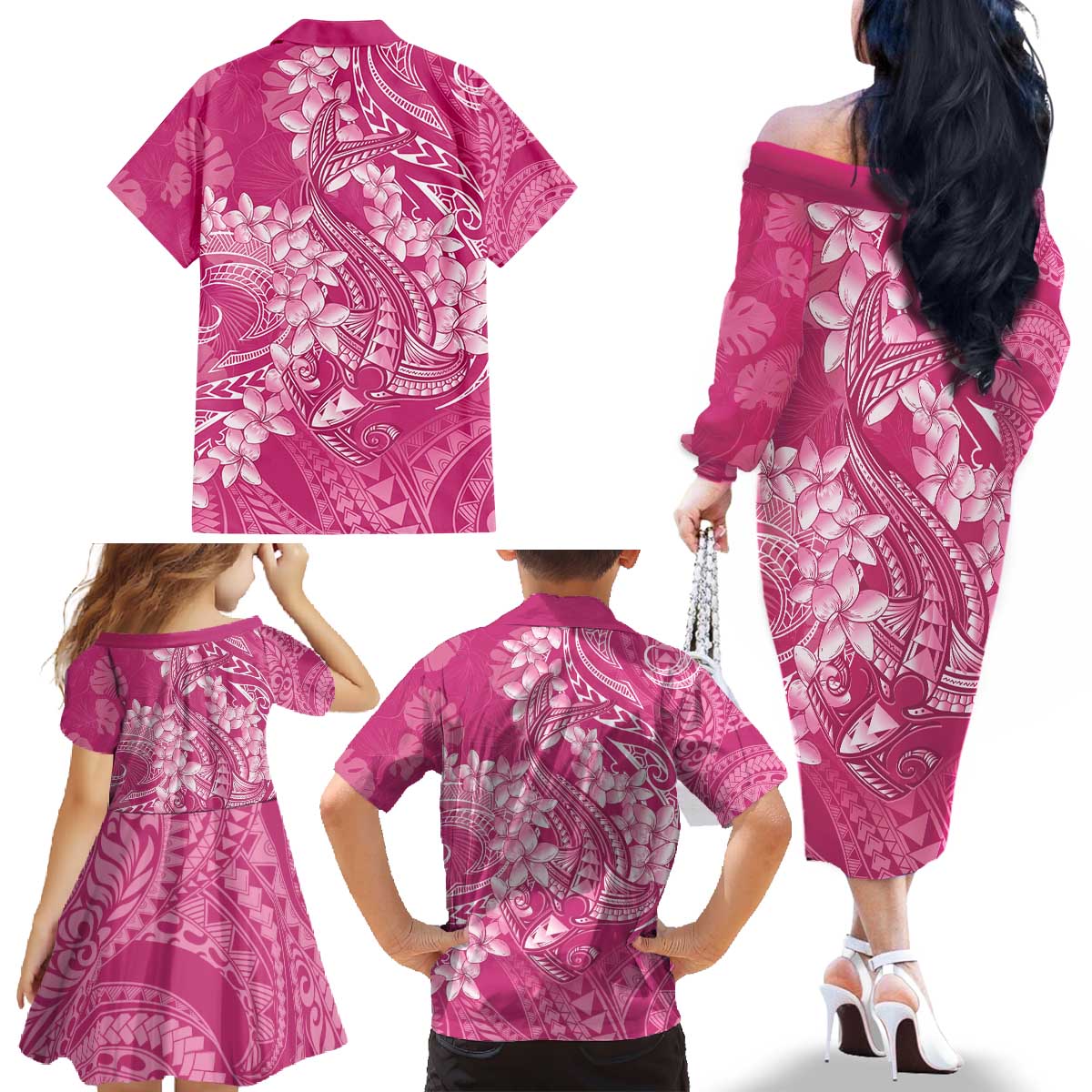 Pink Polynesia Hammerhead Shark Tattoo With Plumeria Lei Family Matching Off The Shoulder Long Sleeve Dress and Hawaiian Shirt LT14 - Polynesian Pride