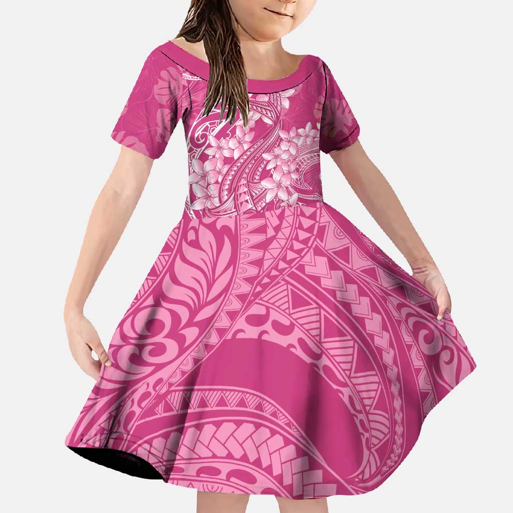 Pink Polynesia Hammerhead Shark Tattoo With Plumeria Lei Family Matching Off Shoulder Maxi Dress and Hawaiian Shirt LT14 Daughter's Dress Pink - Polynesian Pride