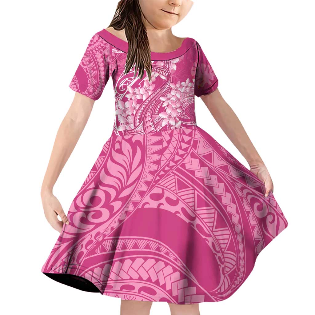 Pink Polynesia Hammerhead Shark Tattoo With Plumeria Lei Family Matching Off Shoulder Short Dress and Hawaiian Shirt LT14 Daughter's Dress Pink - Polynesian Pride