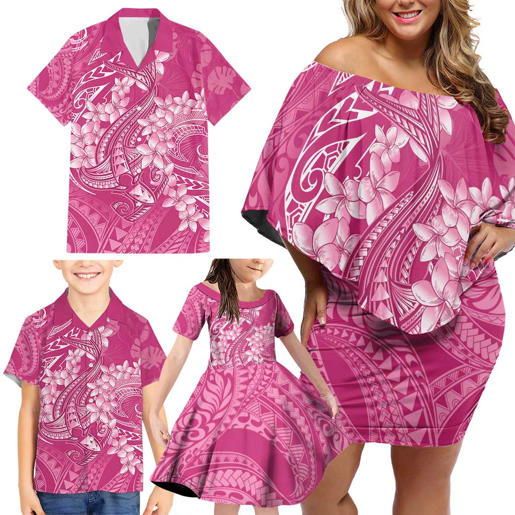 Pink Polynesia Hammerhead Shark Tattoo With Plumeria Lei Family Matching Off Shoulder Short Dress and Hawaiian Shirt LT14 - Polynesian Pride