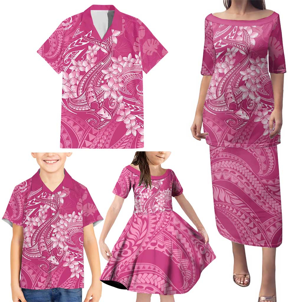 Pink Polynesia Hammerhead Shark Tattoo With Plumeria Lei Family Matching Puletasi and Hawaiian Shirt