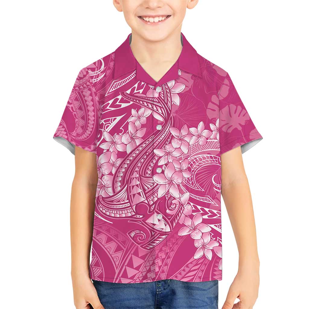 Pink Polynesia Hammerhead Shark Tattoo With Plumeria Lei Family Matching Puletasi and Hawaiian Shirt