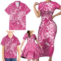 Pink Polynesia Hammerhead Shark Tattoo With Plumeria Lei Family Matching Short Sleeve Bodycon Dress and Hawaiian Shirt LT14 - Polynesian Pride