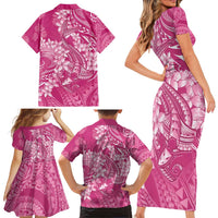 Pink Polynesia Hammerhead Shark Tattoo With Plumeria Lei Family Matching Short Sleeve Bodycon Dress and Hawaiian Shirt LT14 - Polynesian Pride