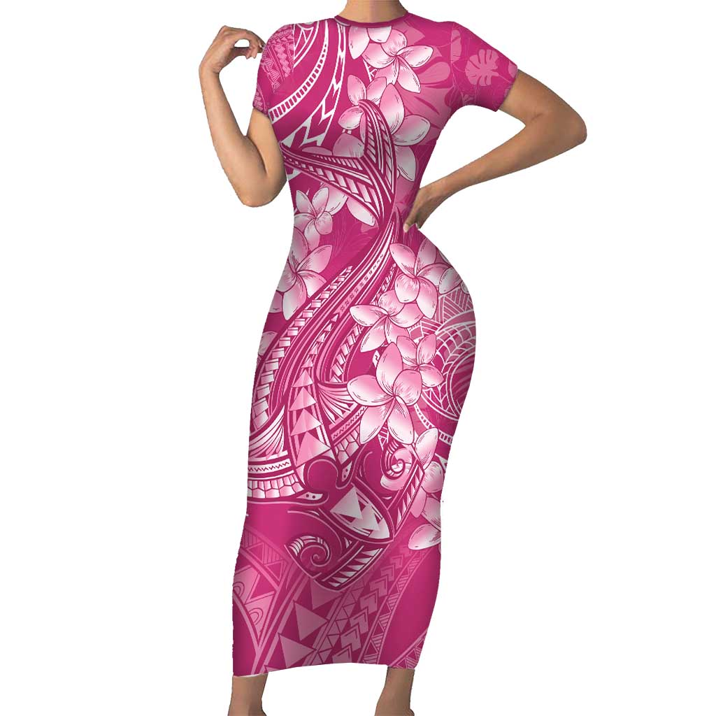 Pink Polynesia Hammerhead Shark Tattoo With Plumeria Lei Family Matching Short Sleeve Bodycon Dress and Hawaiian Shirt LT14 Mom's Dress Pink - Polynesian Pride