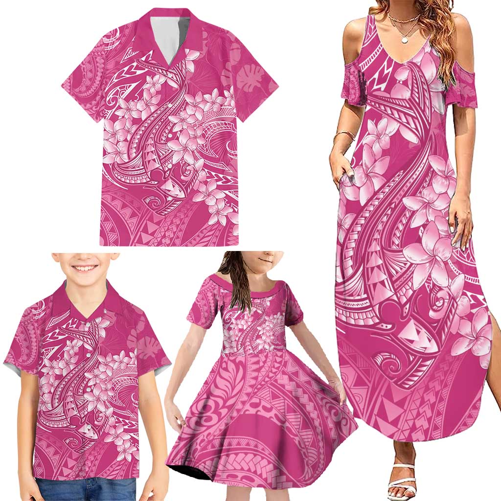 Pink Polynesia Hammerhead Shark Tattoo With Plumeria Lei Family Matching Summer Maxi Dress and Hawaiian Shirt LT14 - Polynesian Pride