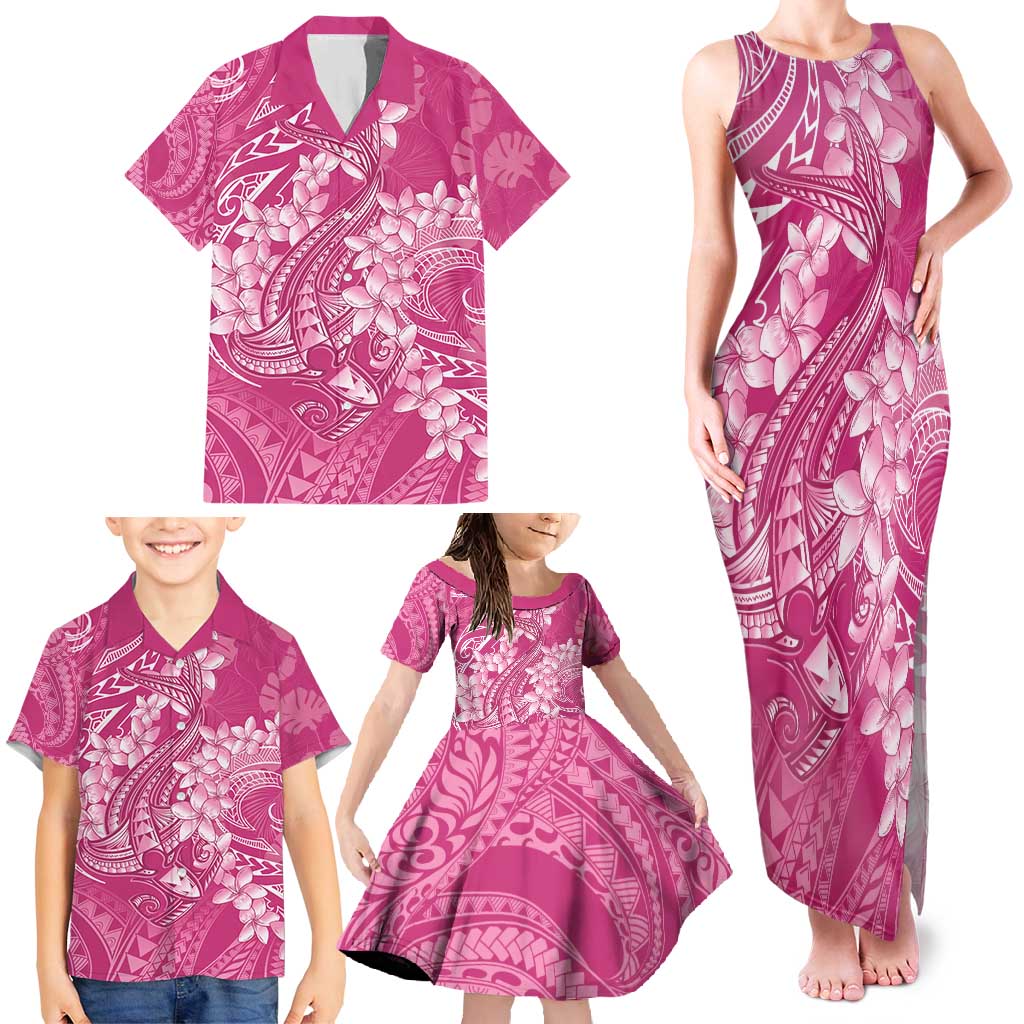 Pink Polynesia Hammerhead Shark Tattoo With Plumeria Lei Family Matching Tank Maxi Dress and Hawaiian Shirt LT14 - Polynesian Pride