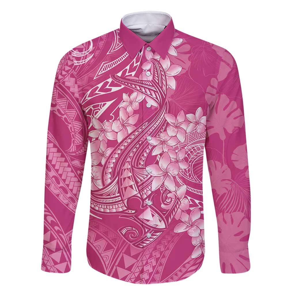 Pink Polynesia Hammerhead Shark Tattoo With Plumeria Lei Family Matching Tank Maxi Dress and Hawaiian Shirt LT14 Dad's Shirt - Long Sleeve Pink - Polynesian Pride