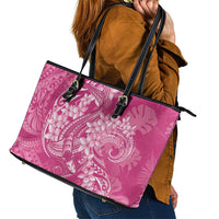 Pink Polynesia Hammerhead Shark Tattoo With Plumeria Lei Leather Tote Bag LT14 - Polynesian Pride