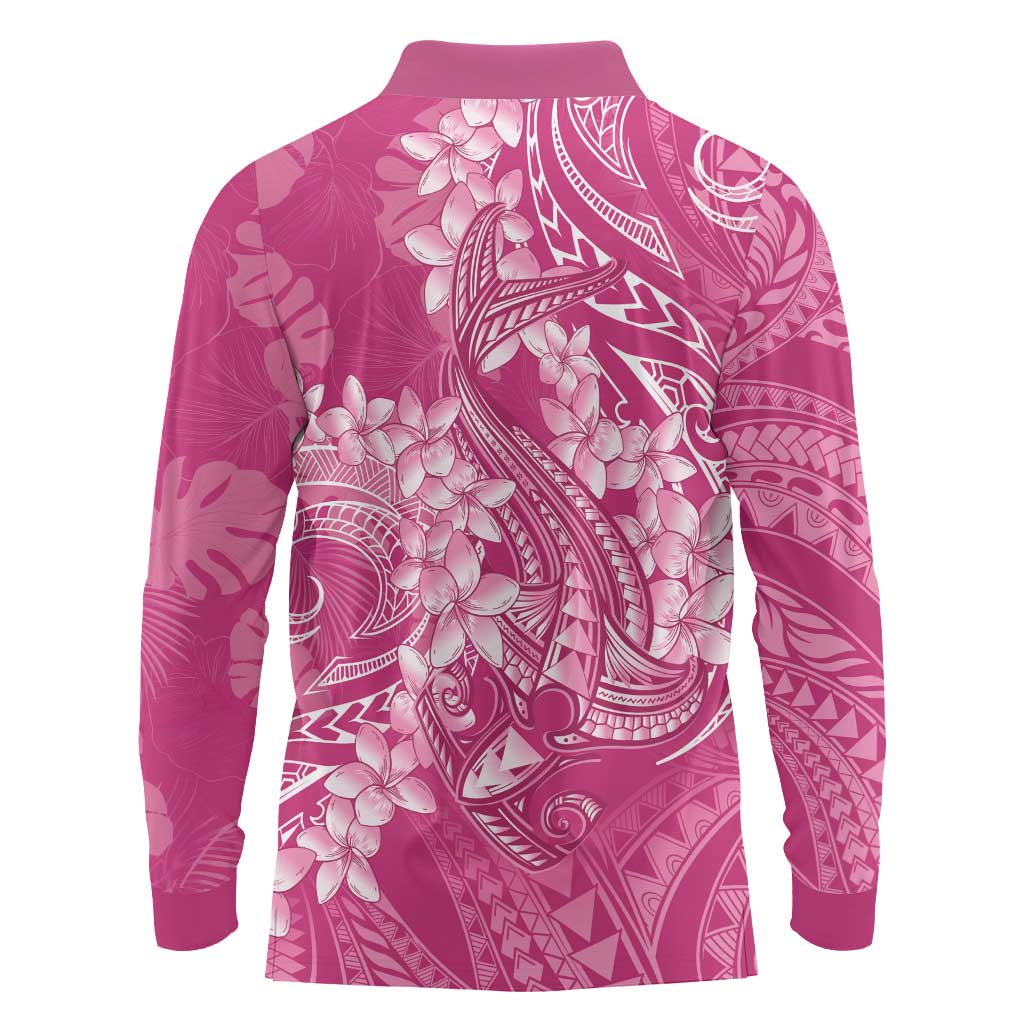 Pink Polynesia Hammerhead Shark Tattoo With Plumeria Lei Long Sleeve Polo Shirt