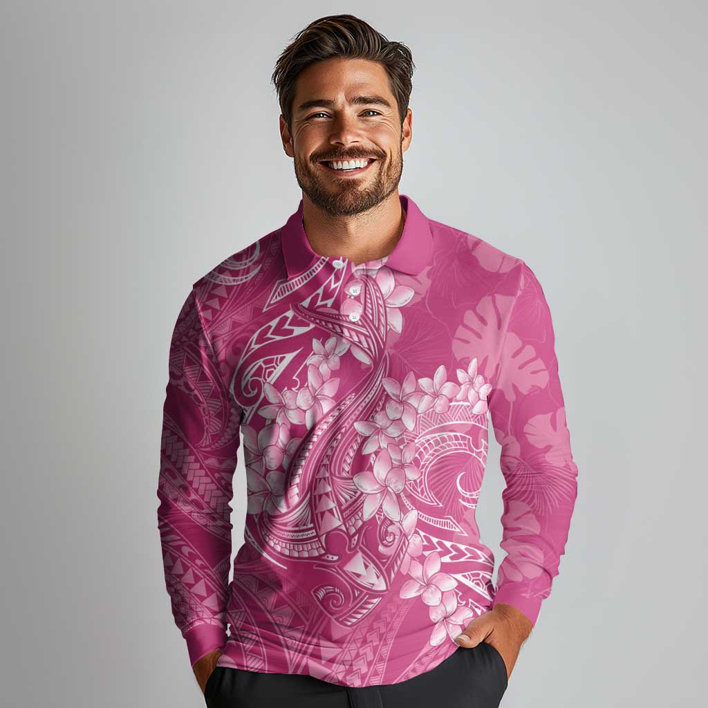 Pink Polynesia Hammerhead Shark Tattoo With Plumeria Lei Long Sleeve Polo Shirt
