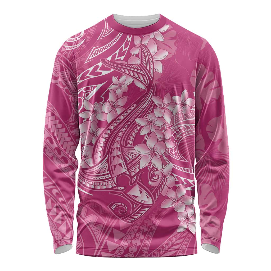 Pink Polynesia Hammerhead Shark Tattoo With Plumeria Lei Long Sleeve Shirt