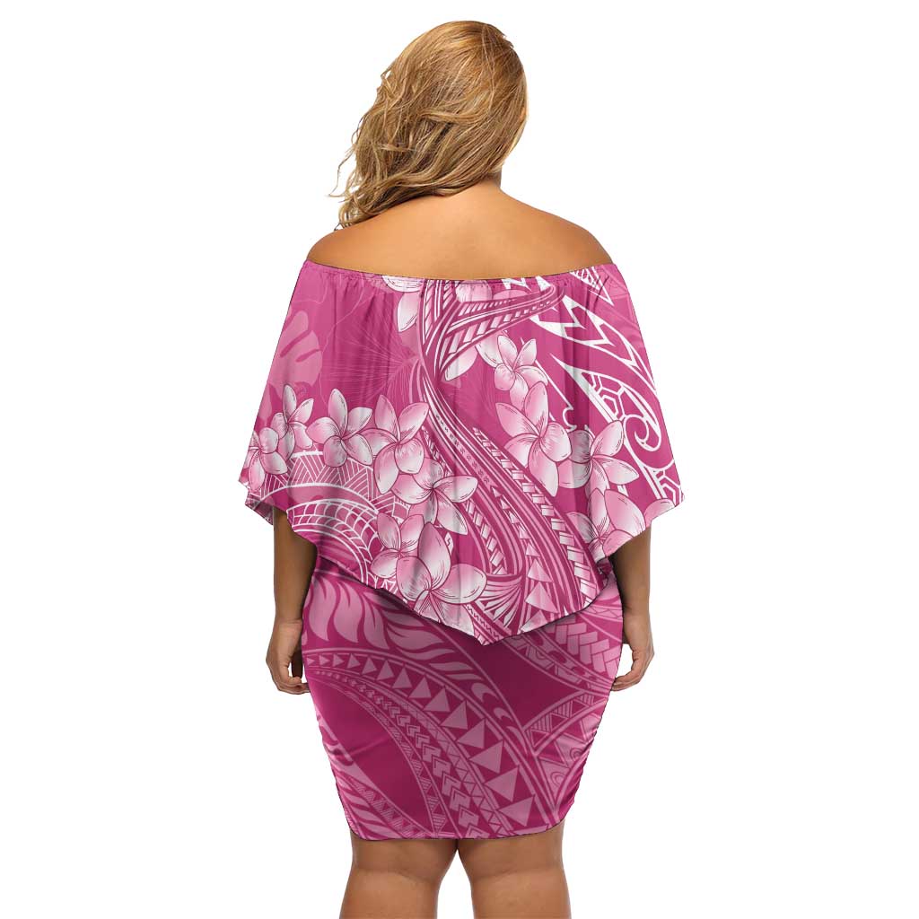 Pink Polynesia Hammerhead Shark Tattoo With Plumeria Lei Off Shoulder Short Dress