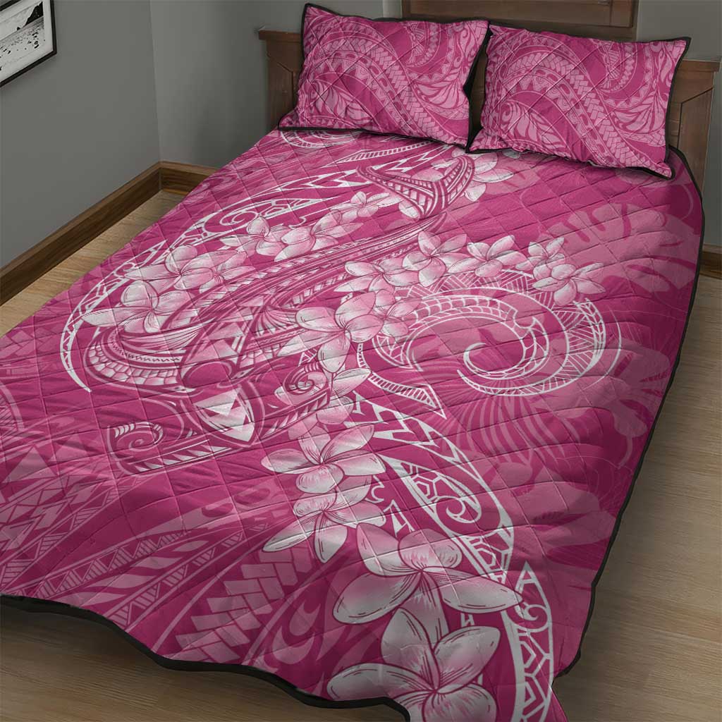 Pink Polynesia Hammerhead Shark Tattoo With Plumeria Lei Quilt Bed Set LT14 - Polynesian Pride