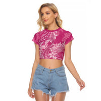 Pink Polynesia Hammerhead Shark Tattoo With Plumeria Lei Raglan Cropped T Shirt