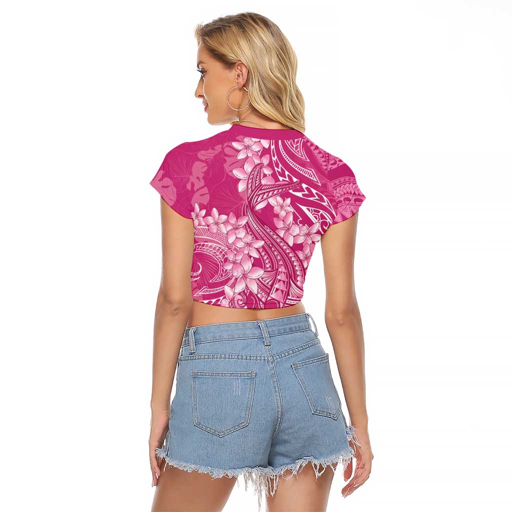 Pink Polynesia Hammerhead Shark Tattoo With Plumeria Lei Raglan Cropped T Shirt