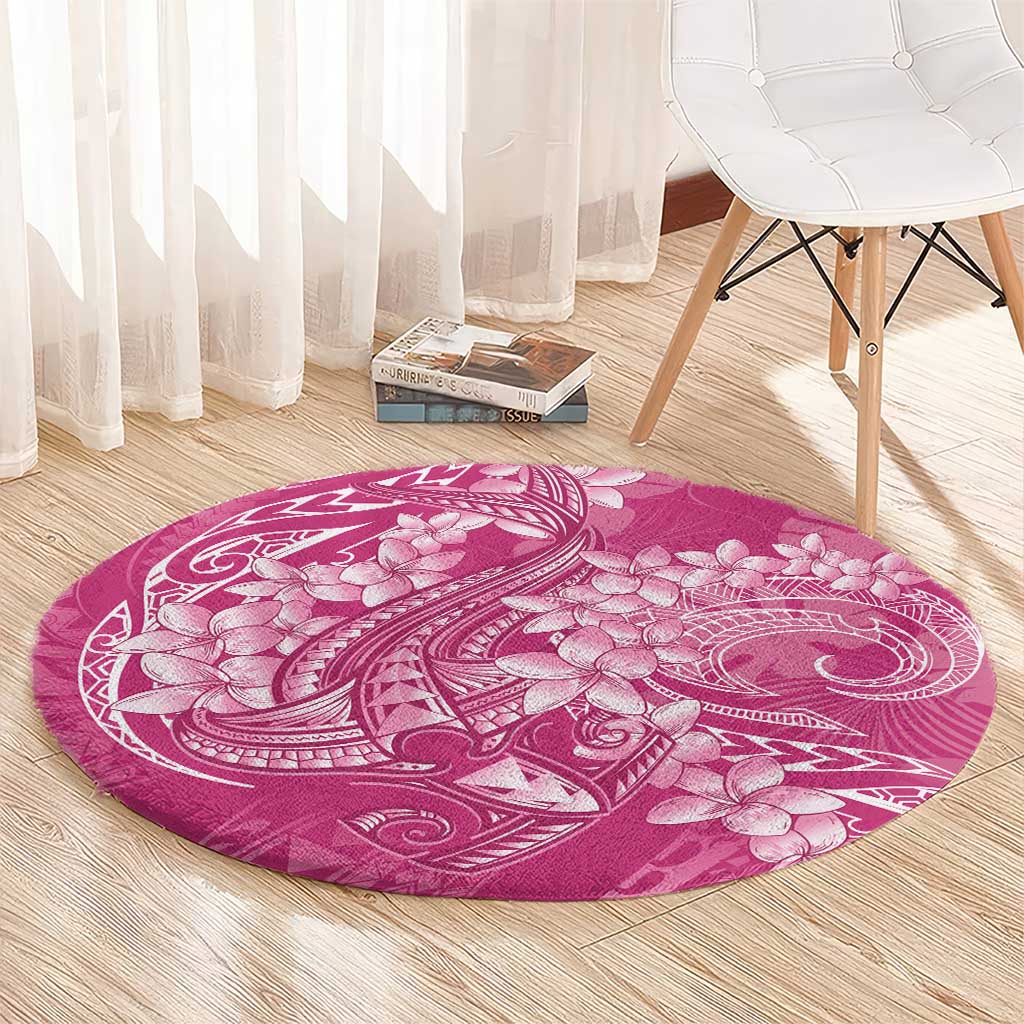 Pink Polynesia Hammerhead Shark Tattoo With Plumeria Lei Round Carpet LT14 - Polynesian Pride