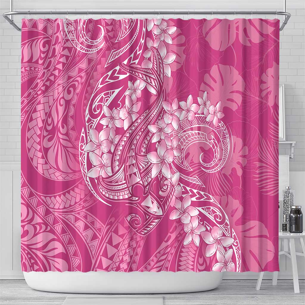 Pink Polynesia Hammerhead Shark Tattoo With Plumeria Lei Shower Curtain LT14 - Polynesian Pride