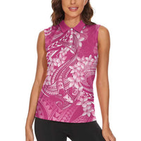 Pink Polynesia Hammerhead Shark Tattoo With Plumeria Lei Women Sleeveless Polo Shirt
