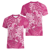 Pink Polynesia Hammerhead Shark Tattoo With Plumeria Lei Women V-Neck T-Shirt