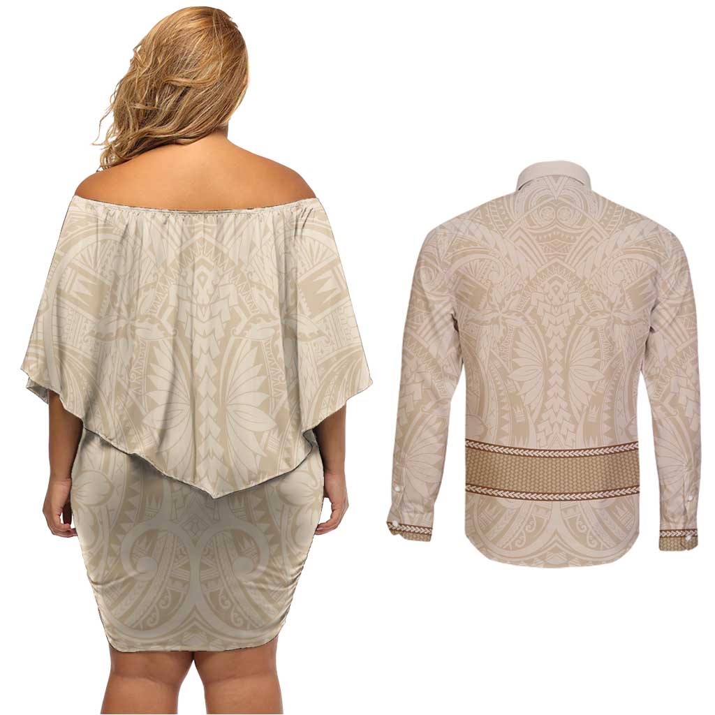 Mauri Ribaberiki Kiribati Couples Matching Off Shoulder Short Dress and Long Sleeve Button Shirt Cowrie Shells Lei Palm Leaf Weaving