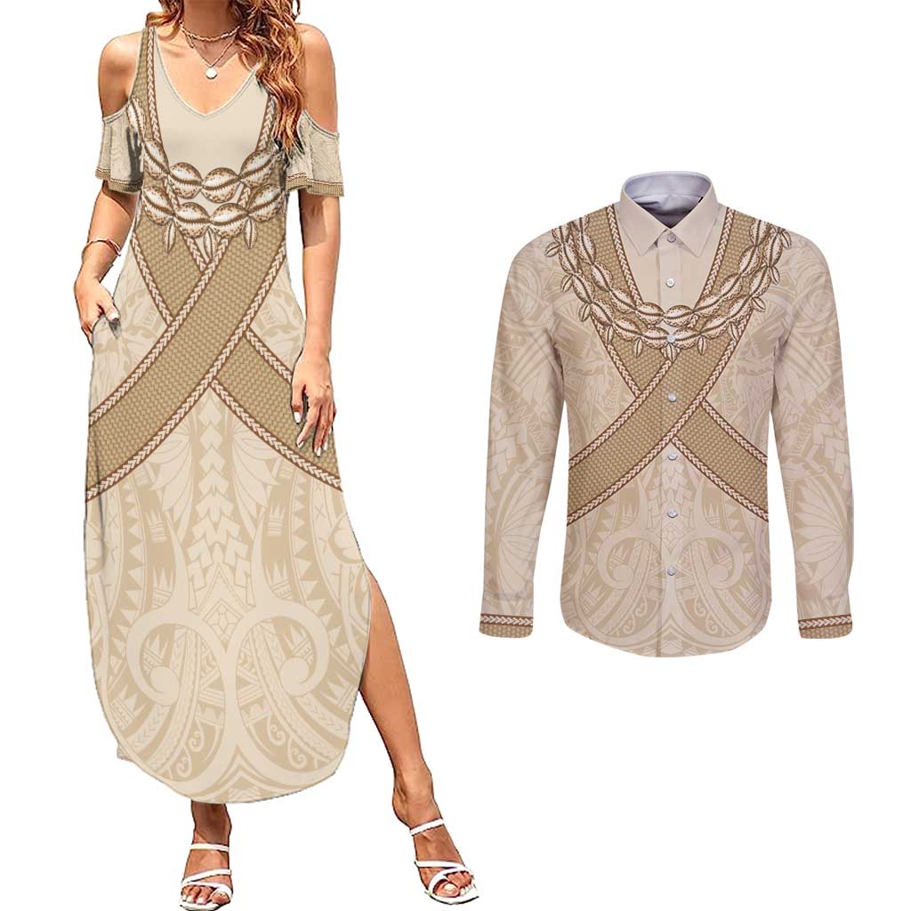 Mauri Ribaberiki Kiribati Couples Matching Summer Maxi Dress and Long Sleeve Button Shirt Cowrie Shells Lei Palm Leaf Weaving