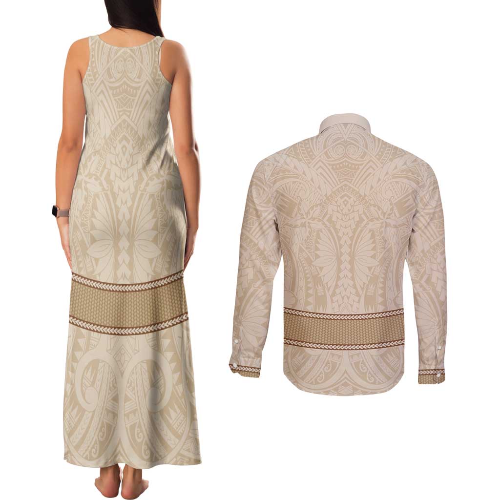 Mauri Ribaberiki Kiribati Couples Matching Tank Maxi Dress and Long Sleeve Button Shirt Cowrie Shells Lei Palm Leaf Weaving