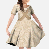 Mauri Ribaberiki Kiribati Family Matching Long Sleeve Bodycon Dress and Hawaiian Shirt Cowrie Shells Lei Palm Leaf Weaving LT14 Daughter's Dress Beige - Polynesian Pride