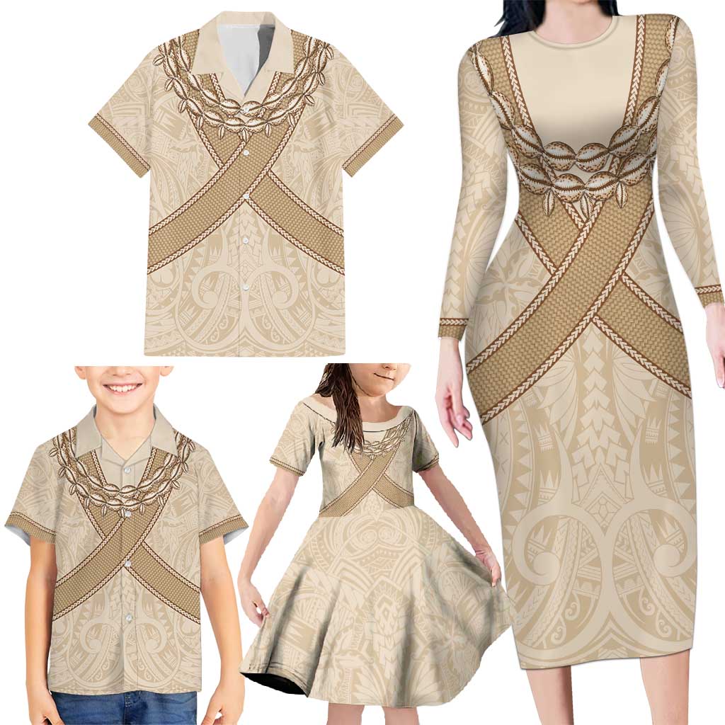 Mauri Ribaberiki Kiribati Family Matching Long Sleeve Bodycon Dress and Hawaiian Shirt Cowrie Shells Lei Palm Leaf Weaving LT14 - Polynesian Pride