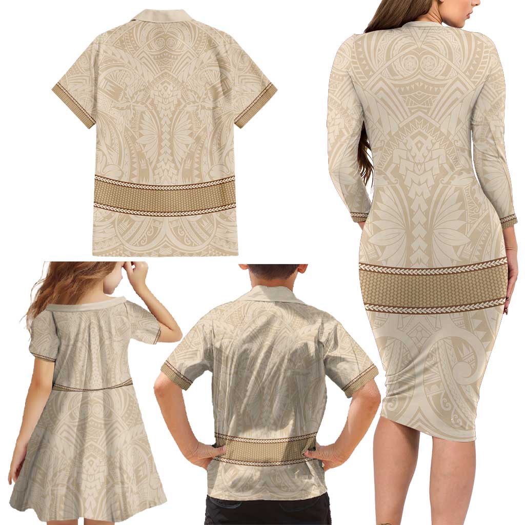 Mauri Ribaberiki Kiribati Family Matching Long Sleeve Bodycon Dress and Hawaiian Shirt Cowrie Shells Lei Palm Leaf Weaving LT14 - Polynesian Pride