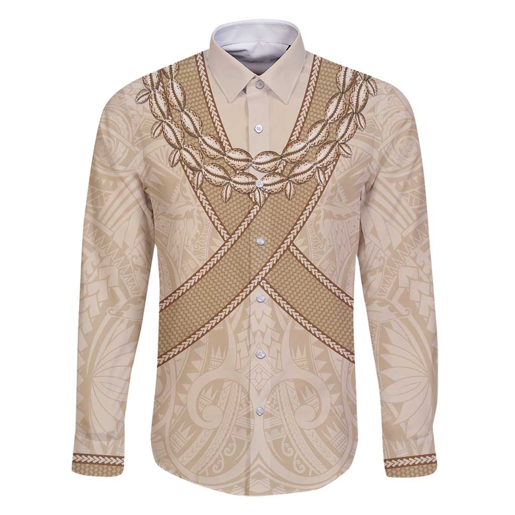 Mauri Ribaberiki Kiribati Family Matching Off Shoulder Maxi Dress and Hawaiian Shirt Cowrie Shells Lei Palm Leaf Weaving LT14 Dad's Shirt - Long Sleeve Beige - Polynesian Pride