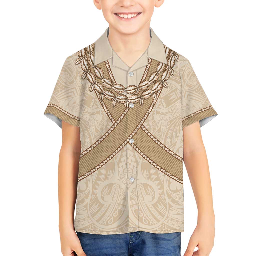 Mauri Ribaberiki Kiribati Family Matching Off Shoulder Maxi Dress and Hawaiian Shirt Cowrie Shells Lei Palm Leaf Weaving LT14 Son's Shirt Beige - Polynesian Pride