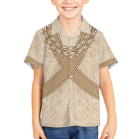 Mauri Ribaberiki Kiribati Family Matching Off Shoulder Short Dress and Hawaiian Shirt Cowrie Shells Lei Palm Leaf Weaving LT14 Son's Shirt Beige - Polynesian Pride