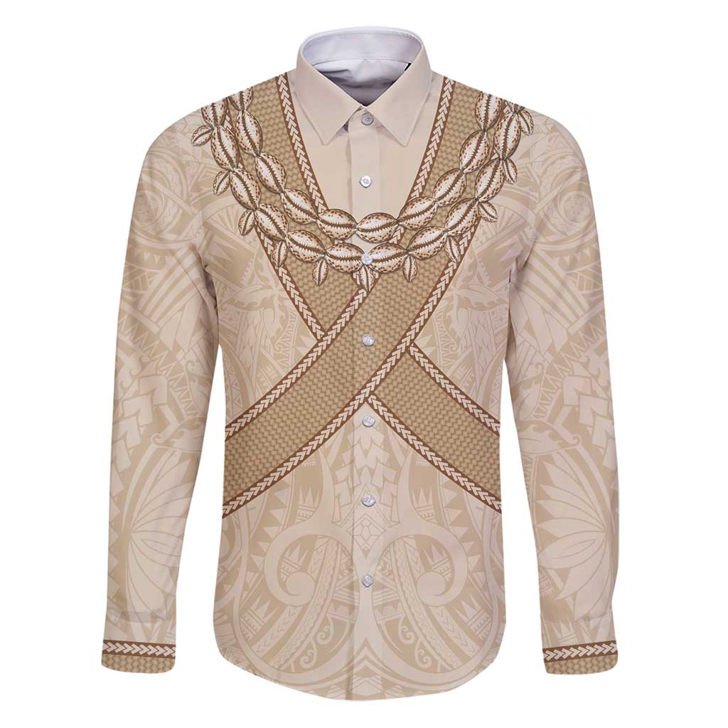Mauri Ribaberiki Kiribati Family Matching Puletasi and Hawaiian Shirt Cowrie Shells Lei Palm Leaf Weaving LT14 Dad's Shirt - Long Sleeve Beige - Polynesian Pride